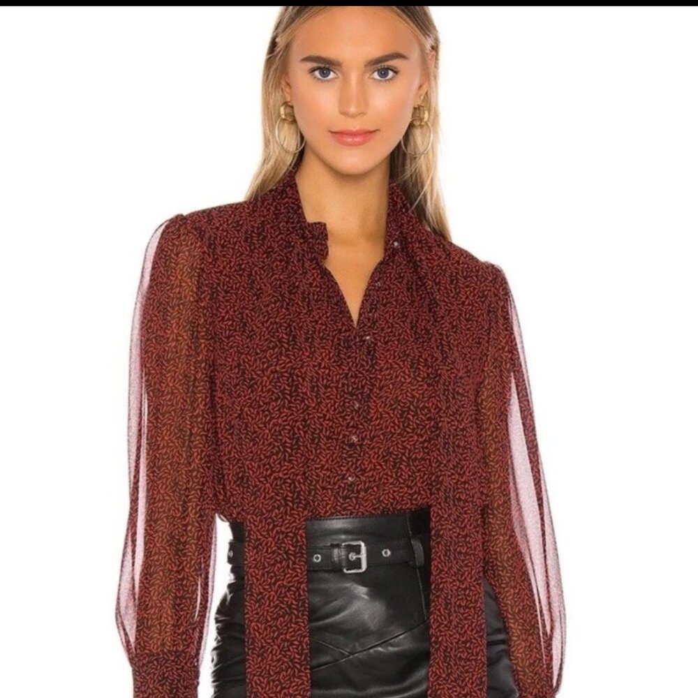 MISA Los Angeles Emina Tie Neck Blouse Size M Sheer Long Sleeve Top